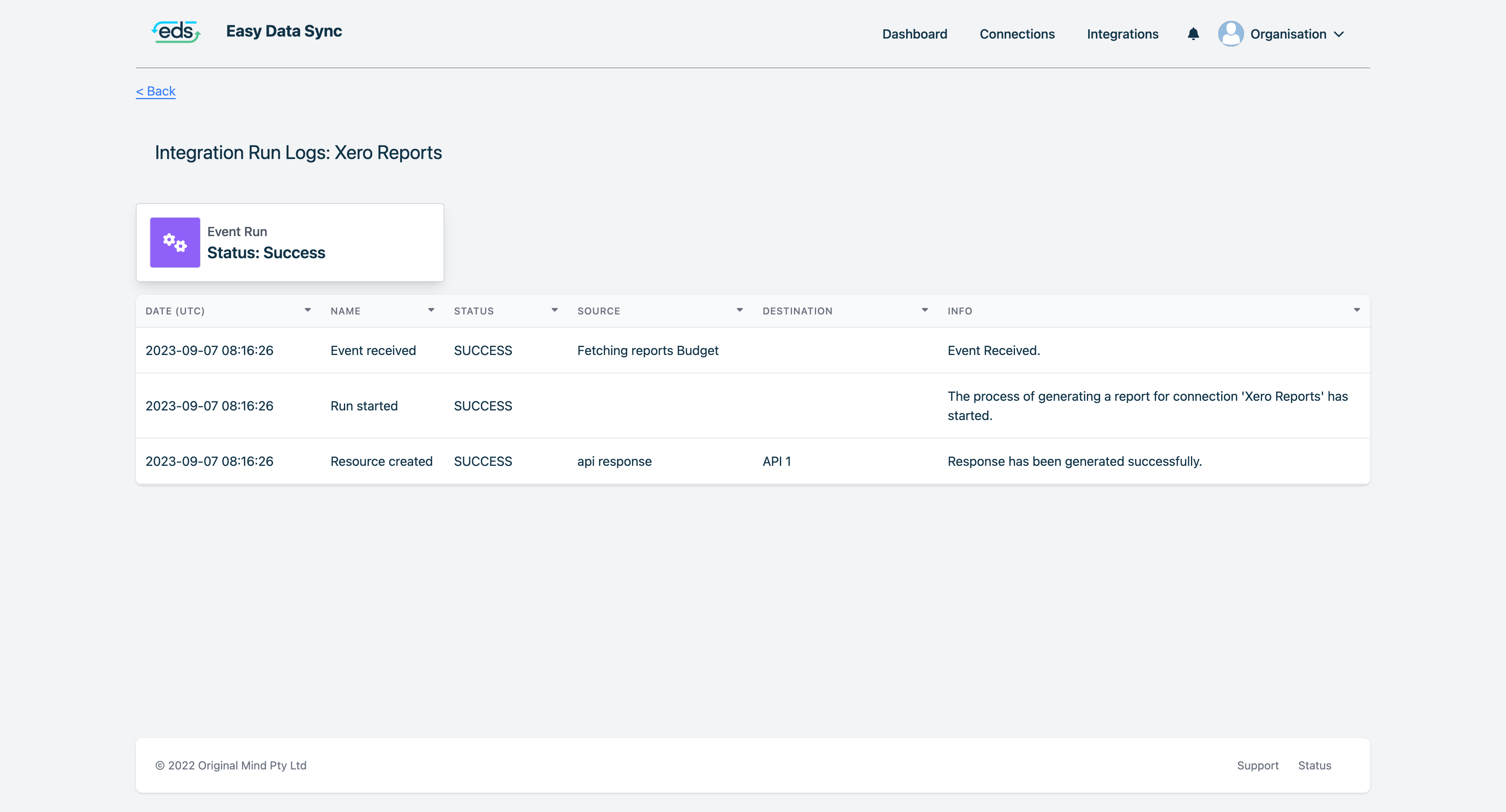 Easy Data Sync dashboard - xero report logs